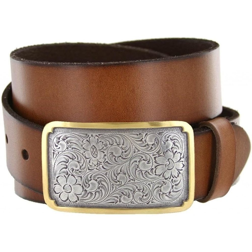 Golden Engraved Square Western Full Grain Leather Casual Jean Belt